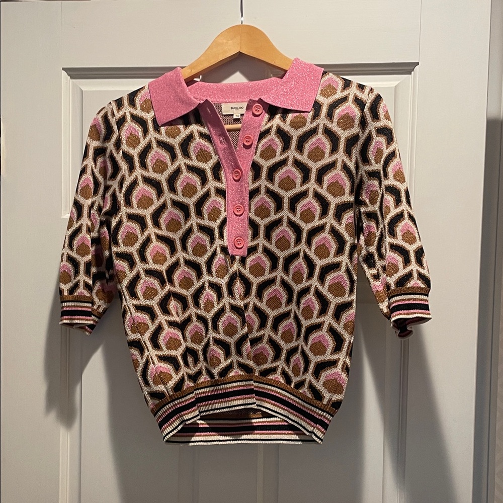 SUNCOO Pink Collar Geometric Sweater